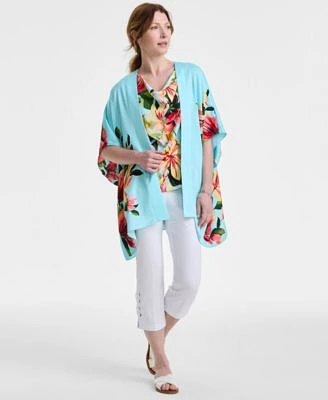 Jm Collection Womens Satin Kimono Floral Print Mixed Media Top Exclusively At Macys