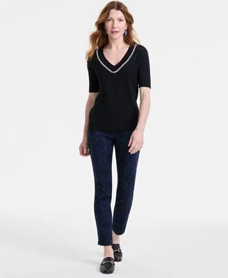 Jm Collection Womens Embellished Elbow Sleeve Sweater Jacquard Slim Pants Exclusively At Macys