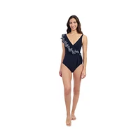 Profile by Gottex Women's Lola V Neck One Piece Asymmetrical Laser Ruffle Surplice Tie Knot Soft Cups Tummy Control