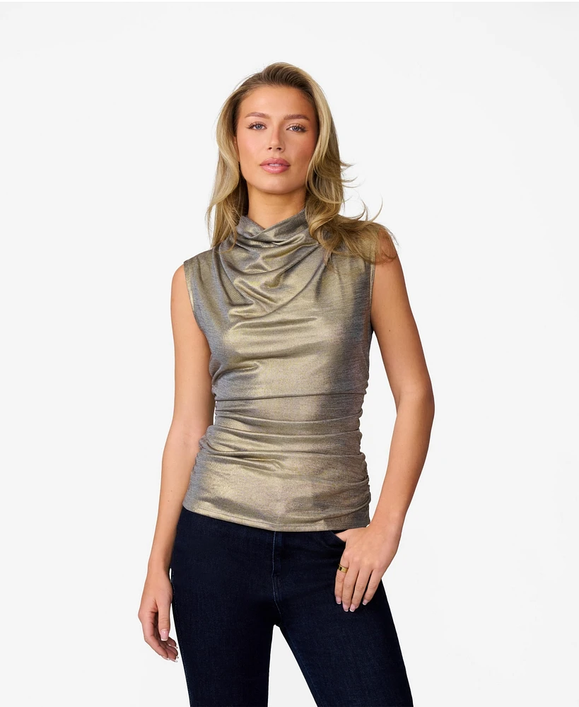 Cable & Gauge Women's Metallic Jersey Cowl Neck Top