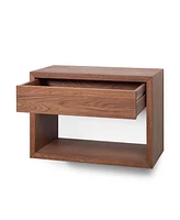 Woodek Walnut Wooden Floating Nightstand With Open Storage And Drawer - Minimalistic Bedside Table