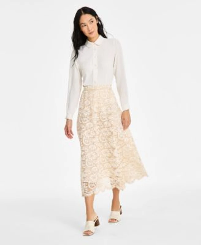 Anne Klein Womens Collared Button Front Shirt Pull On Lace Midi Skirt