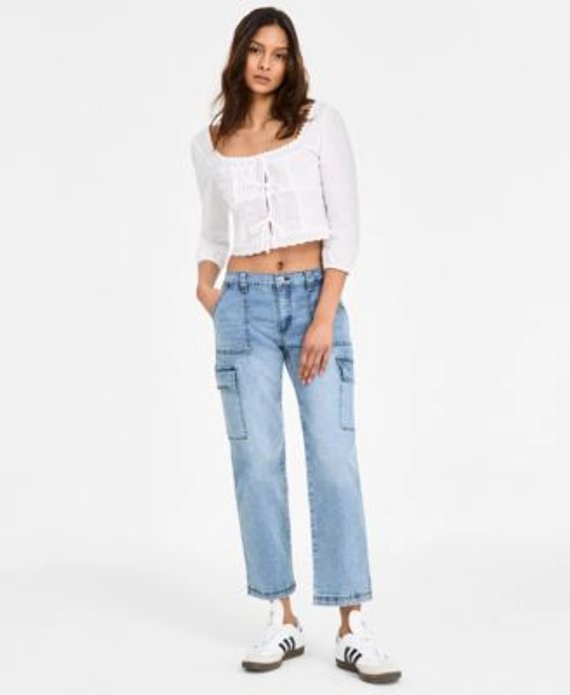 Juniors Tie Front Crop Top Cargo Skater Jeans