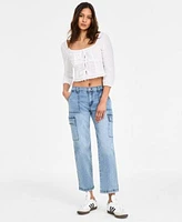 Juniors Tie Front Crop Top Cargo Skater Jeans