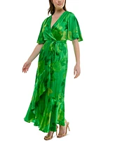 Taylor Plus Flutter-Sleeve Faux-Wrap Maxi Dress