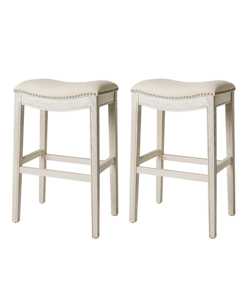 Maven Lane Adrien Saddle Bar Stool in White Oak Finish w/ Natural Fabric Upholstery, Set of 2