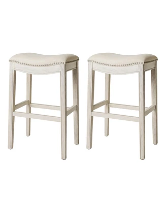 Maven Lane Adrien Saddle Bar Stool in White Oak Finish w/ Natural Fabric Upholstery, Set of 2