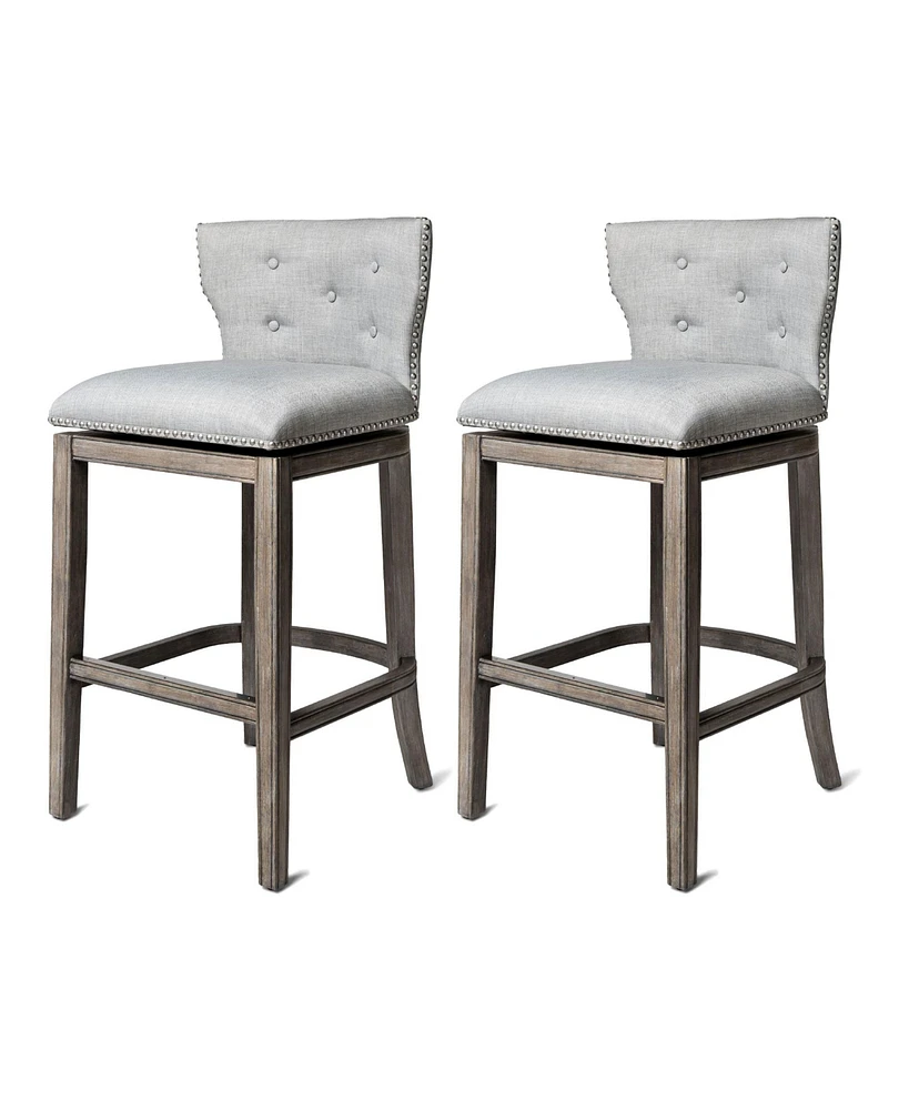 Maven Lane Hugo Bar Stool in Reclaimed Oak Finish with Ash Grey Fabric, Set of 2
