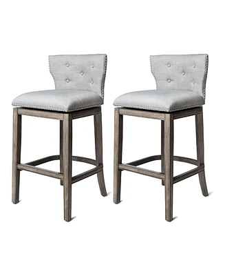Maven Lane Hugo Bar Stool in Reclaimed Oak Finish with Ash Grey Fabric, Set of 2