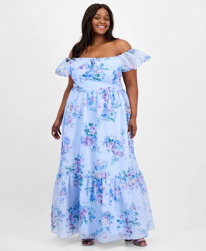 B Darlin Trendy Plus Off-The-Shoulder Floral-Print Gown