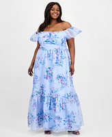 B Darlin Trendy Plus Off-The-Shoulder Floral-Print Gown