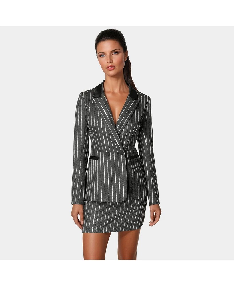 Bebe Women's Stripe Sequins Double Breasted Blazer