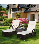 2PCS Patio Rattan Lounge Chair Chaise Adjustable Recliner Cushioned Sofa Garden