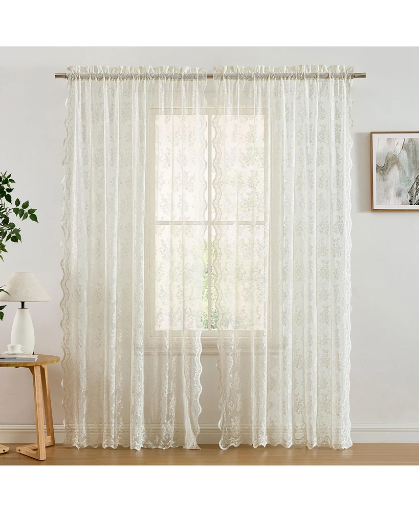 Hlc.me Jolene Floral Soft Decorative Lace Semi Sheer Light Filtering Rod Pocket Window Treatment Curtain Drapery Panels for Bedroom & Living Room