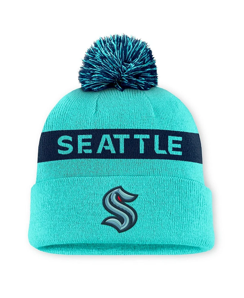 Fanatics Women's Light Blue/Navy Seattle Kraken Authentic Pro Rink Cuffed Knit Hat with Pom