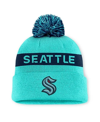 Fanatics Women's Light Blue/Navy Seattle Kraken Authentic Pro Rink Cuffed Knit Hat with Pom