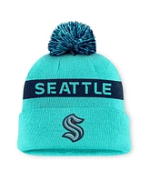 Fanatics Women's Light Blue/Navy Seattle Kraken Authentic Pro Rink Cuffed Knit Hat with Pom