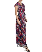 Donna Ricco Women's Printed Flutter-Sleeve Maxi Dress