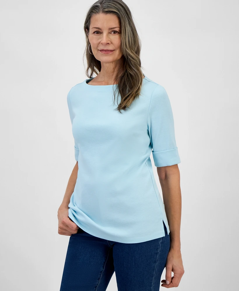 Style & Co Petite Cotton Elbow-Sleeve Boat-Neck Top, Created for Macy's