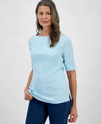 Style & Co Petite Cotton Elbow-Sleeve Boat-Neck Top, Created for Macy's