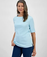 Style & Co Petite Cotton Elbow-Sleeve Boat-Neck Top, Created for Macy's