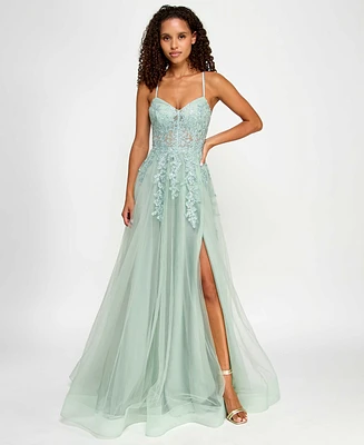 Say Yes Juniors' Embroidered Applique Side-Slit Ball Gown, Created for Macy's