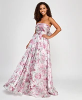 City Studios Juniors' Pleated Strapless Floral-Print Gown, Created for Macy's