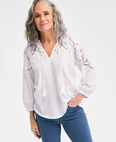 Style & Co Petite Long-Sleeve V-Neck Embroidered Top, Exclusively at Macy's