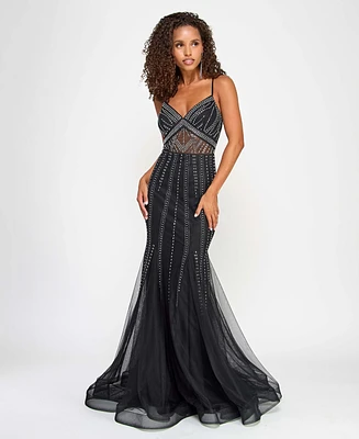 City Studios Juniors' Studded Mesh-Waist Evening Gown
