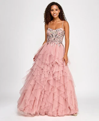 City Studios Juniors' Embroidered Sequined Ruffled Ball Gown, Created for Macy's