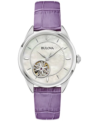 Bulova Women's Automatic Purple Leather Strap Watch 34.5mm