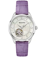 Bulova Women's Automatic Purple Leather Strap Watch 34.5mm