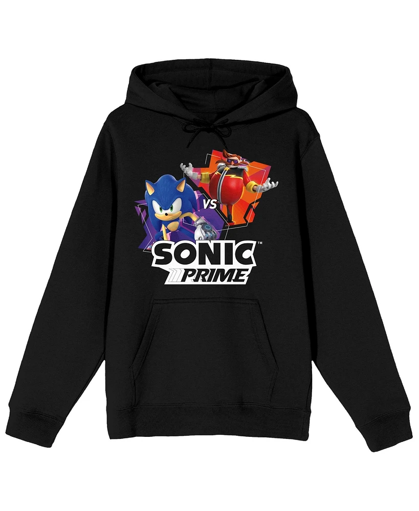 Sonic Prime Vs Eggman Long Sleeve Black Adult Hooded Sweatshirt-3XL