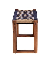 bali & pari Prunella Modern Bohemian Two-Tone Navy Blue and Natural Brown Seagrass and Acacia Wood Accent Bench