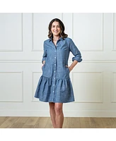 Hope & Henry Women's Organic Chambray Long Sleeve Drop Waist Shirt Dress
