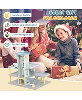 3-Tier Wooden Garage Playset with Working Elevator Helipad Ramp Car Wash Center