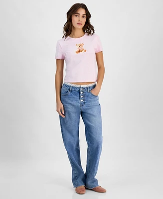 Rebellious One Juniors' Teddy Bear Bow Mineral Wash Graphic T-Shirt
