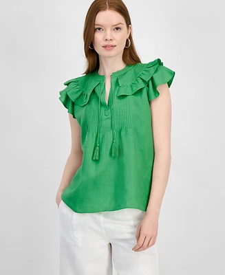 T Tahari Women's Woven Tasseled-Tie Flutter-Sleeve Blouse
