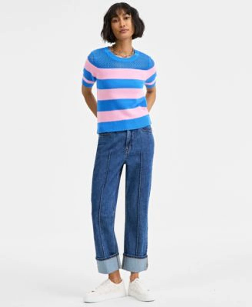 On 34th Womens Striped Short Sleeve Sweater High Rise Cuffed Straight Leg Jeans Carriee Flower Sneakers Exclusively At Macys