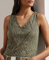 Lauren Ralph Women's Beaded Mesh Sleeveless Blouse