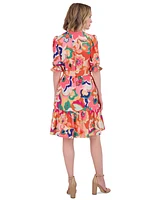 Eliza J Petite Printed V-Neck Elbow-Sleeve Tie-Waist Dress