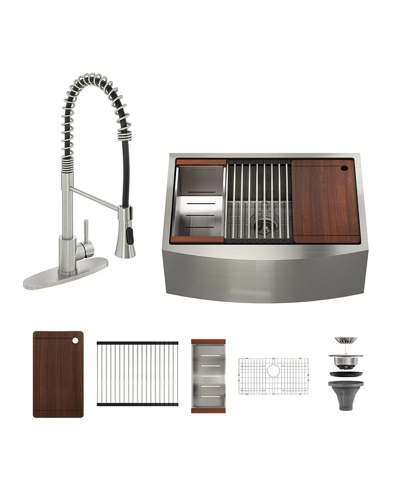 33''x 22'' Stainless Steel Kitchen Sink and Pull-Down Kitchen Faucet Set with Cutting Board, Roller Blind, Drain Basket, Drain Grid and Drainer