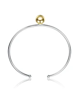 Sterling Silver Two-Tone with 14K Gold Plated Sphere and Sleek White Gold Plated Design Open Cuff Bracelet