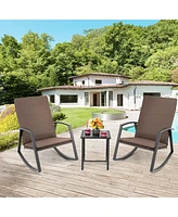 Gymax 3PCS Rattan Bistro Rocking Chair Set Patio Furniture w/ Cushions