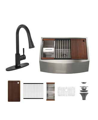 Stainless Steel Kitchen Sink and Pull-Down Kitchen Faucet Set with Cutting Board, Roller Blind, Drain Basket, Drain Grid and Drainer