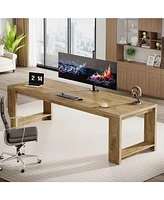 Tribesigns 2 Person Desk, 86.6 Inches Extra Long Desk, Double Computer Writing Table, All Wood Large Desks Workstation for Home Office, Natural Oak