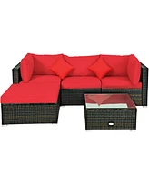 Gymax 5PCS Rattan Sectional Sofa Set Patio Furniture Set w/ Red Cushion Pillow