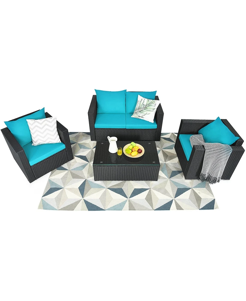 Gymax 4PC Rattan Patio Furniture Set Outdoor Wicker With Turquoise Cushion