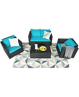 Gymax 4PC Rattan Patio Furniture Set Outdoor Wicker With Turquoise Cushion