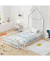 Montessori Floor Bed with Lockable Door and Full-Length Guardrail